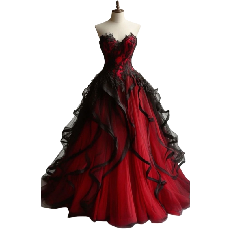 Vintage Red And Black Prom Dresses Ruffles A-Line Tulle Special Occasion Gown Lace Appliques Sweetheart Sleeveless Long Evening Dress For Women 2025