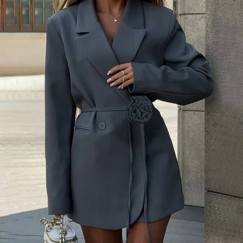 TARUXY Fashion Flower Belt Blazers Office Womens Loose With Pockets Long Sleeve Coat Solid Color Casual Spring 250106