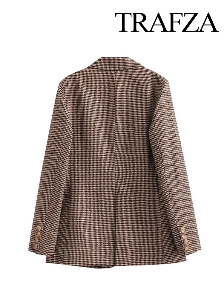 TRAFZA Womens Autumn Fashion Slim Fit Blazer Retro Houndstooth V-neck Pocket Decorated Womens Commuting Blazer Streetwear 250109
