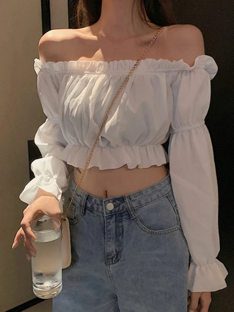 Womens top sexy shirt shoulder long sleeves solid color white fluffy ruffles tuned summer y250122