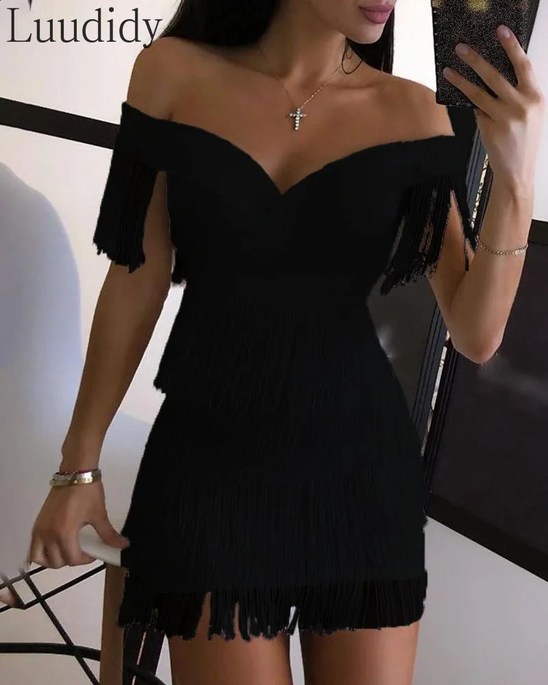 White Fringe Celebrity Evening Runway Party Dress Women Sexy Tassels Short Sleeve Club Vestidos 250120