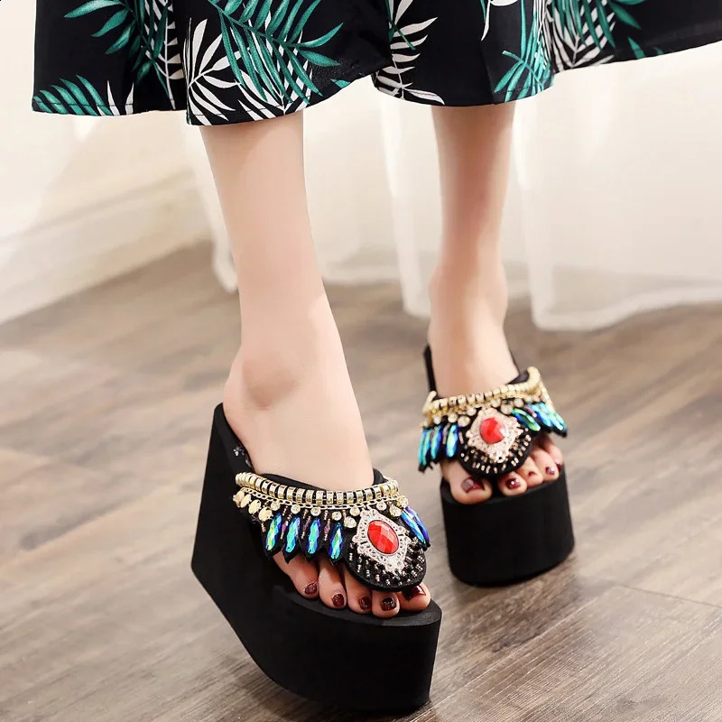 Ngouxm Platform Slippers Flip-Flops Women Wedge Rhinestone Beach Super High Heel 11CM Slippers For Women Bohemian ShoesPlus Size 250122 - view 6