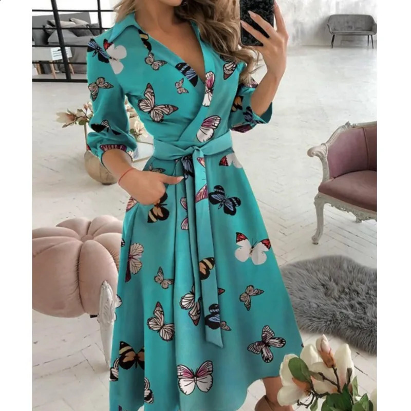 Office Women Casual Sashes A-Line Wrap Summer Dress Print Long Sleeve V-Neck Dress Pocket Elegant Midi Party Dress Vestidos 250122