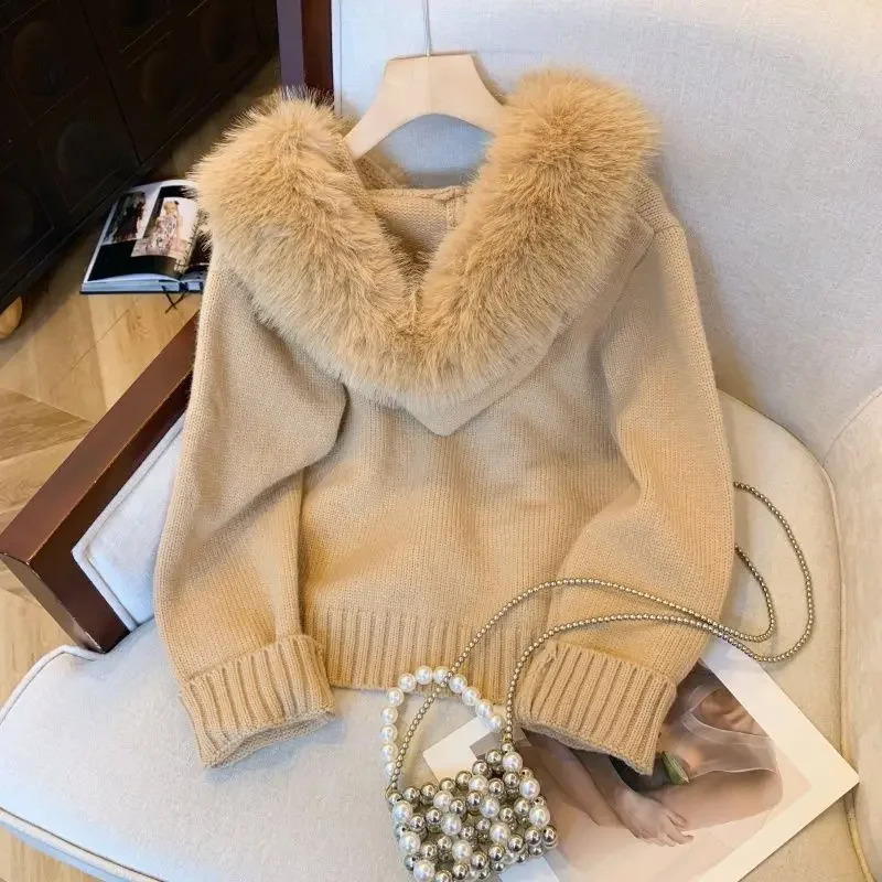 Korean double zipper fur collar stitching n sense hooded knit cardigan womens slim and top in autumn winter 250109