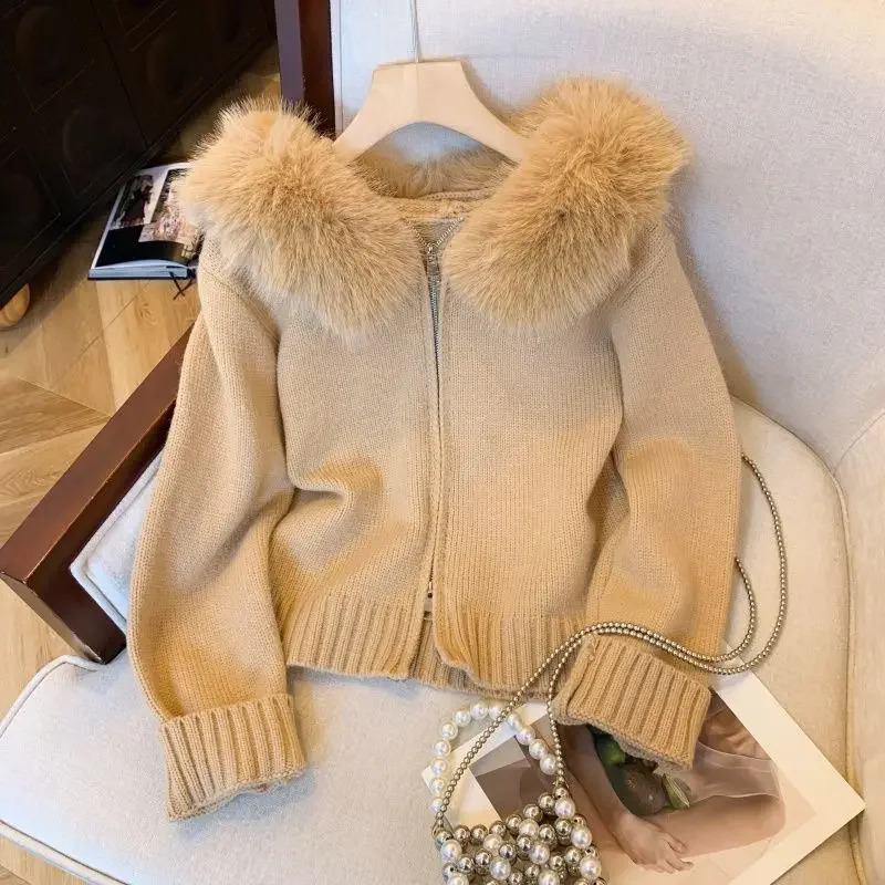 Korean double zipper fur collar stitching n sense hooded knit cardigan womens slim and top in autumn winter 250109