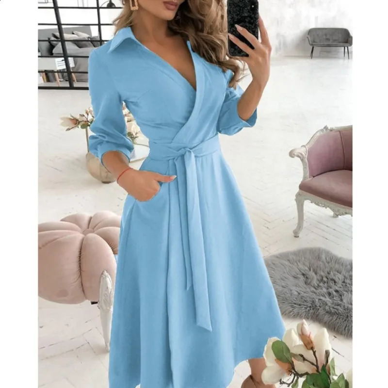 Office Women Casual Sashes A-Line Wrap Summer Dress Print Long Sleeve V-Neck Dress Pocket Elegant Midi Party Dress Vestidos 250122