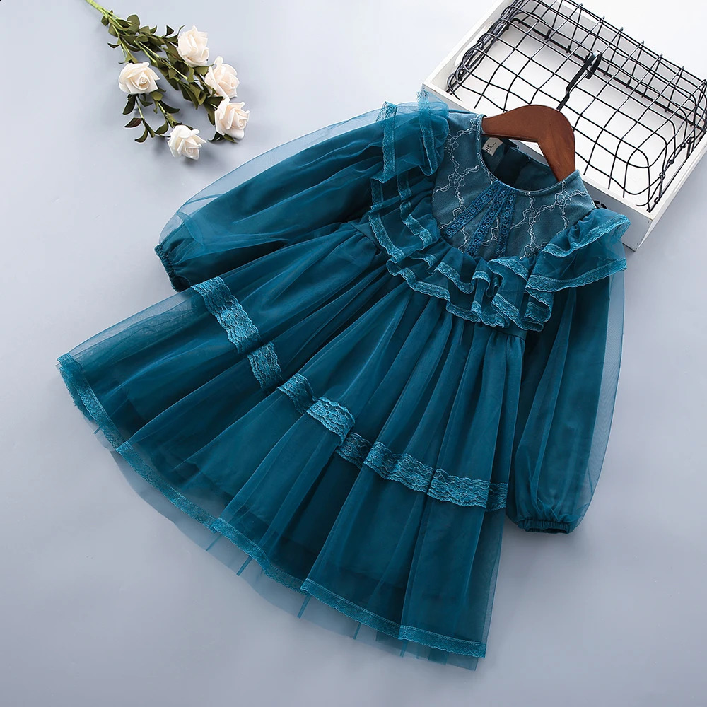 3-7 Years High Quality Spring Autumn Cute Lace Floral Draped Ruched Kid Children Clothing Girl Party Birthday Princess Dress 250120