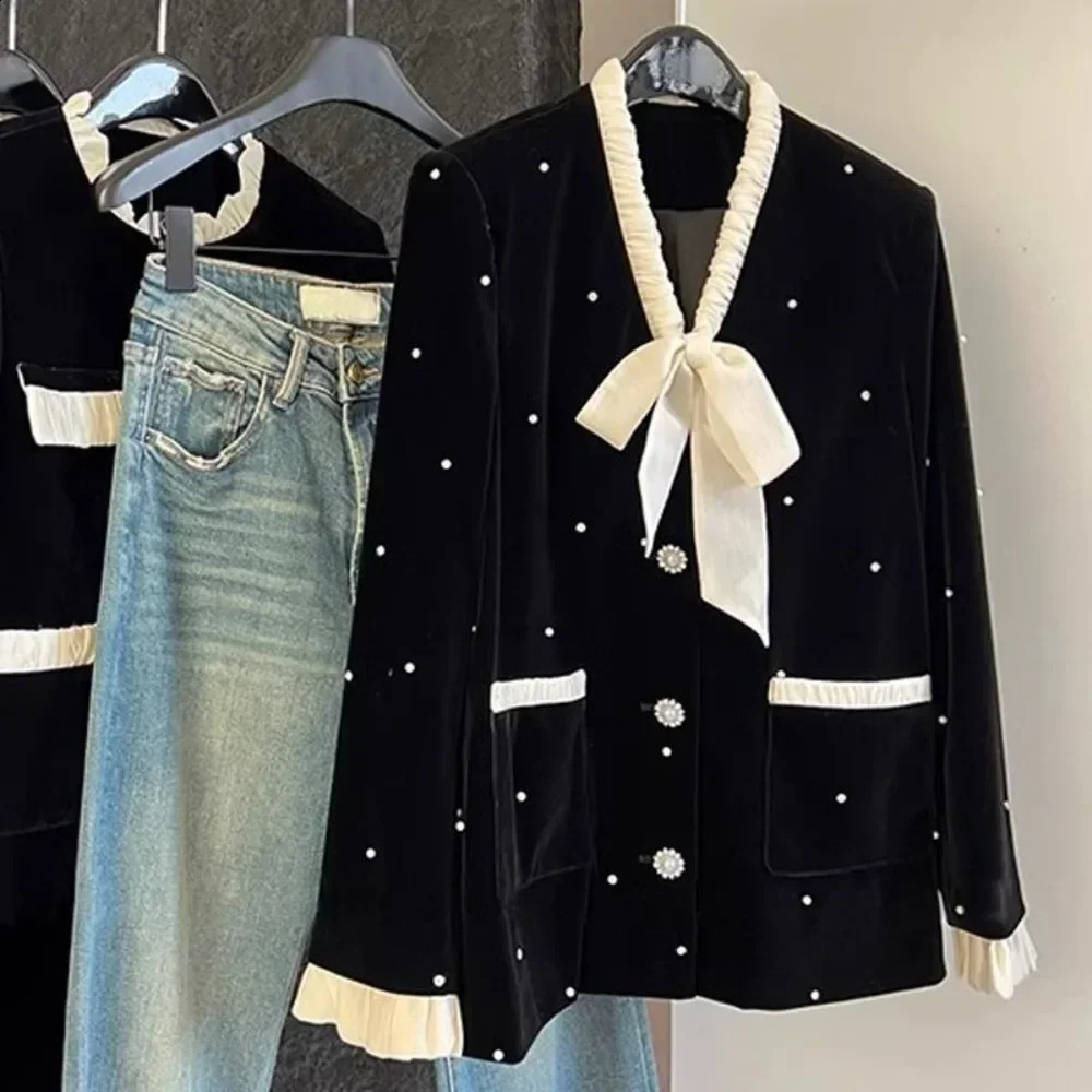 Neploe Vintage Bow Velvet Literary Allmatch Veste Femme Diamonds Beading Loose Jacket Minority Chic Y2K Small Fragrance Coat 250113Z