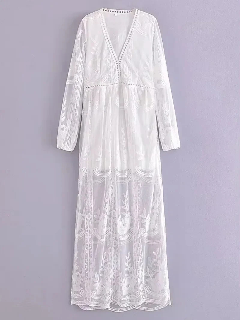 Vintage Womens Deep V-neck Long Sleeve Floral Emberoidery Bohemian Beach Maxi Dress Ladies Lace Hollow Out Boho Dresses Dress 250117