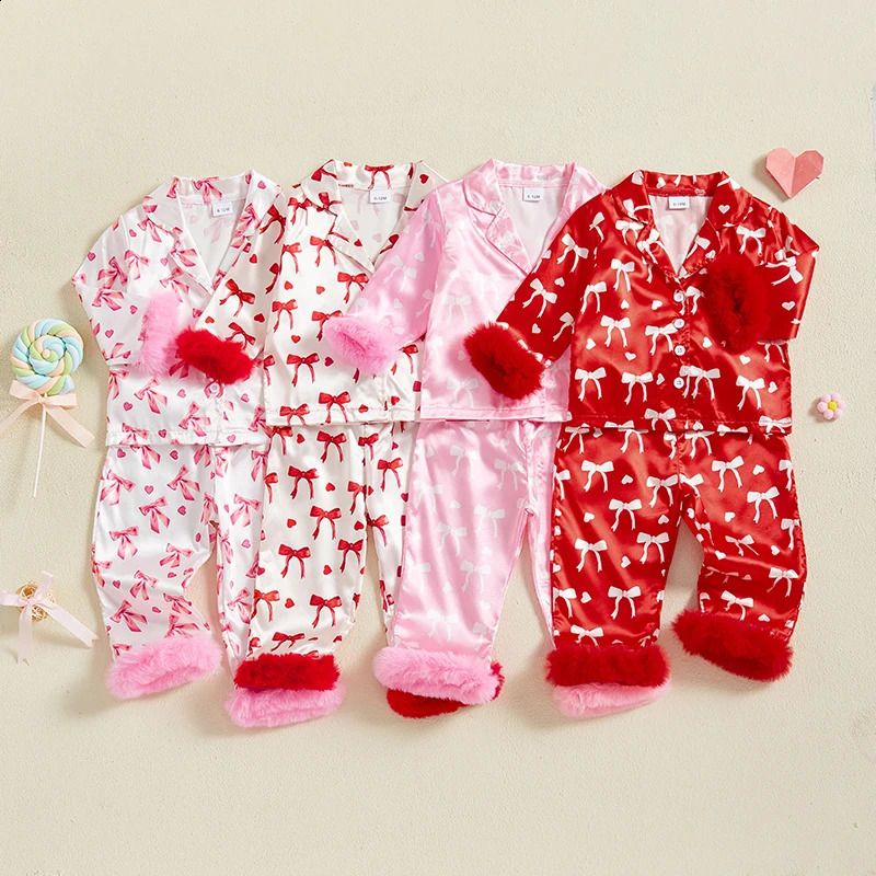 Toddler Girl Pajamas Valentines Day Baby Silk Satin Nightgown Little Kids Girls Pjs Button Down 2 Piece Pajamas Set 250121