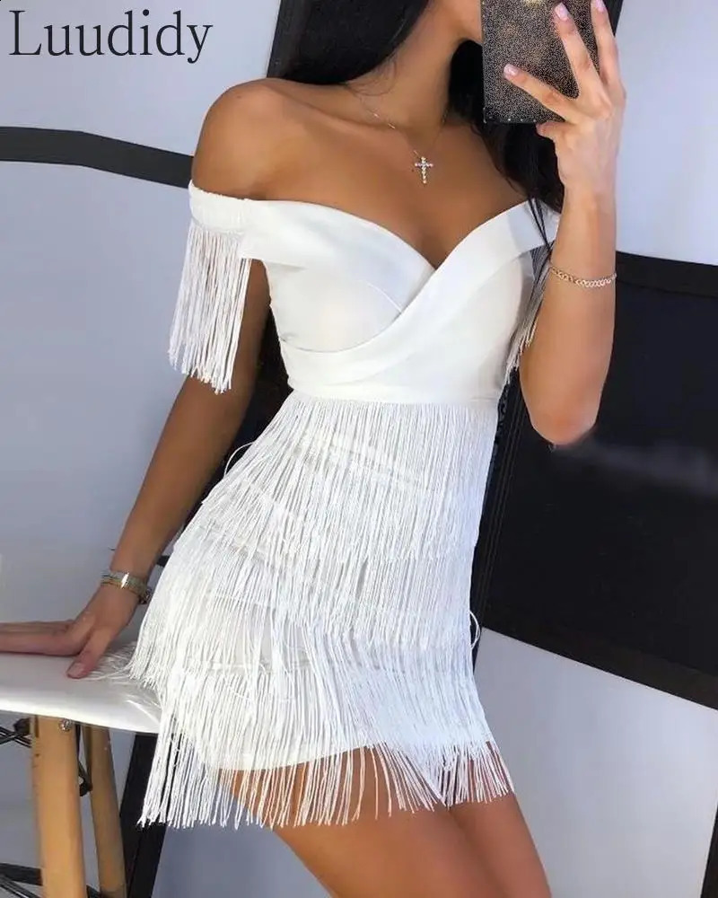 White Fringe Celebrity Evening Runway Party Dress Women Sexy Tassels Short Sleeve Club Vestidos 250120