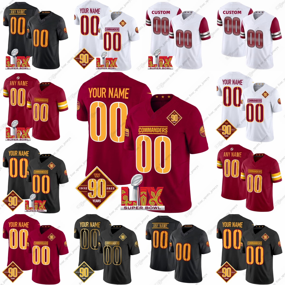 Custom 2025 Super Bowl Commanders Football Jersey Stitched 21 Sean Taylor 28 Darrell Green 5 Jayden Daniels 17 Terry McLaurin 99 Chase Young