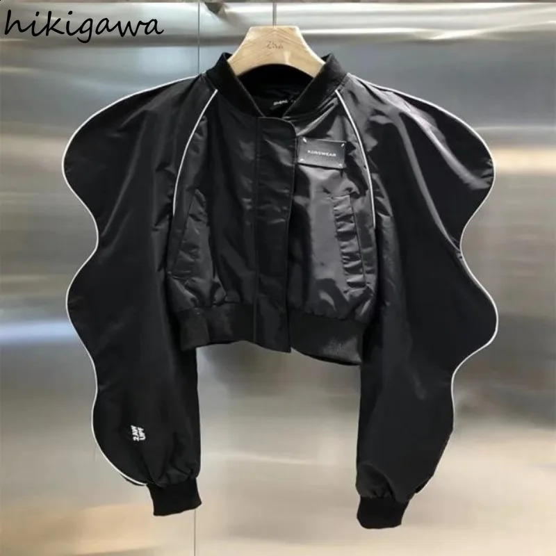 Harajuku Jackets Women Clothing O-neck Puff Sleeve Zipper Y2k Tops Womens Clothing Fashion Streetwear Korean Black Zipper Coats 250118