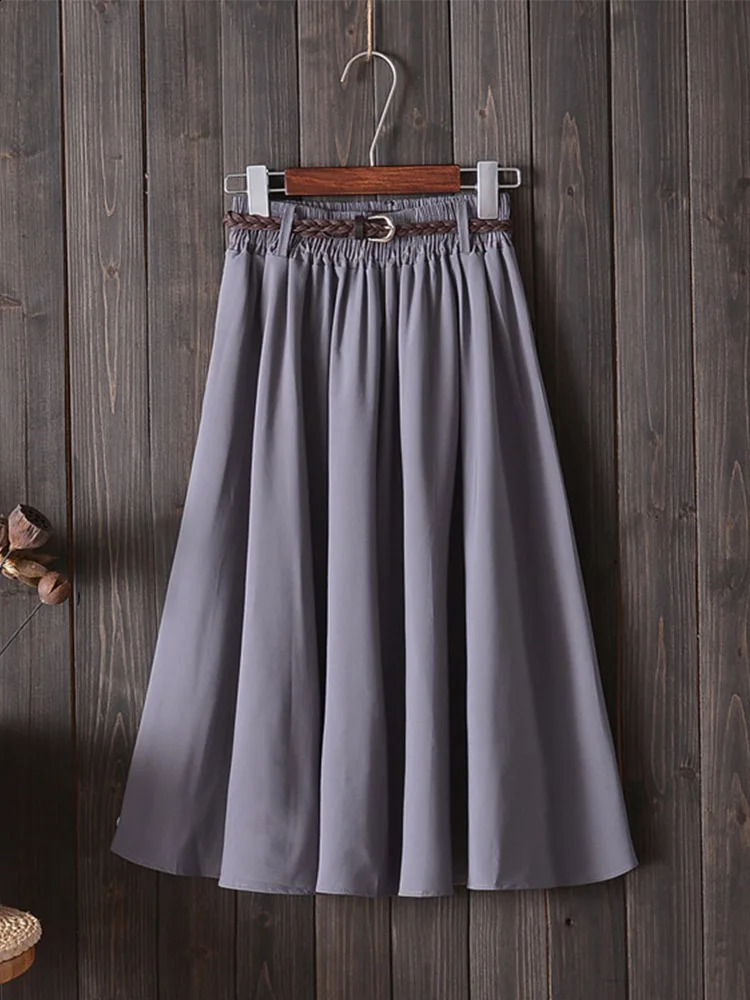 Midi Knee Length Summer Skirt Women With Belt Fashion Korean Ladies High Waist Pleated Aline School Female 250110Z