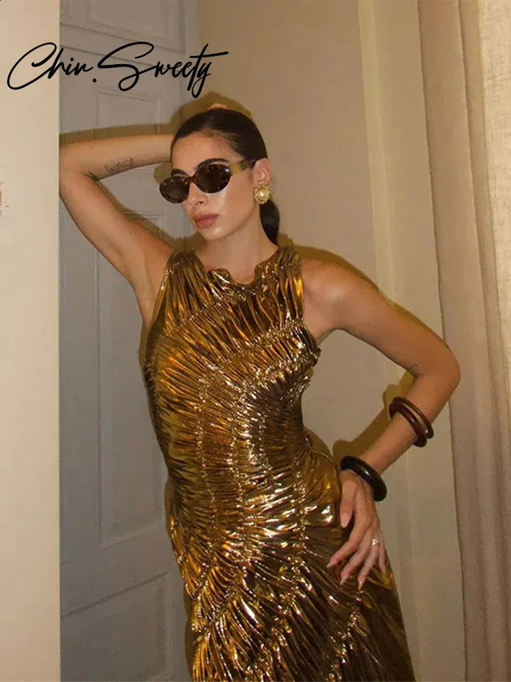 Sexy Gold Sequins Pleated Long Dess Women Party Round Neck Sleeveless Empire Female Dresses 2025 Elegant Evening Vestidos 250121