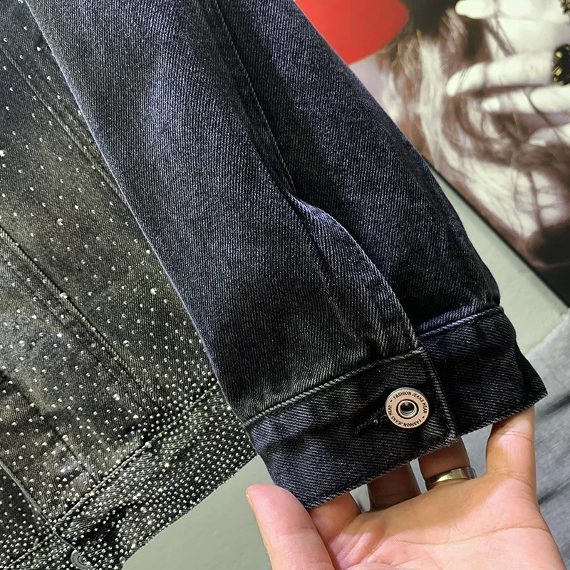 Mens High-End Starry Rhinestone Denim Jackets Mens Versatile Handsome Denim Jacket Loose Fashion Shiny Jacket Long Sleeve Tops 250121