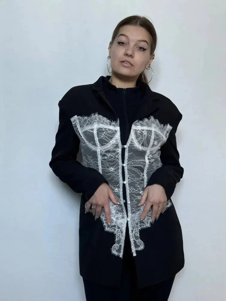 Fashionable Outerwears Women Clothing Lace Stitched Slim Suit For LongSleeves HighWaisted Westernstyle Clothes 250122