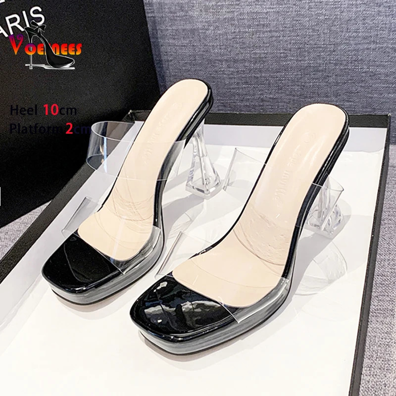 Transparent PVC Clear Heel Slippers Womens Square Toe 10CM 13CM High Heels Mules Summer Slip On Sandals Ladies Shoes 250118