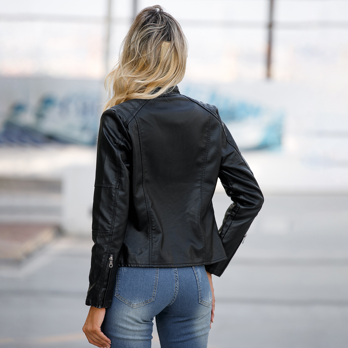 European size women's leather jacket women's slim jacket thin spring and autumn coat women's locomotive clothing large size stand-up co