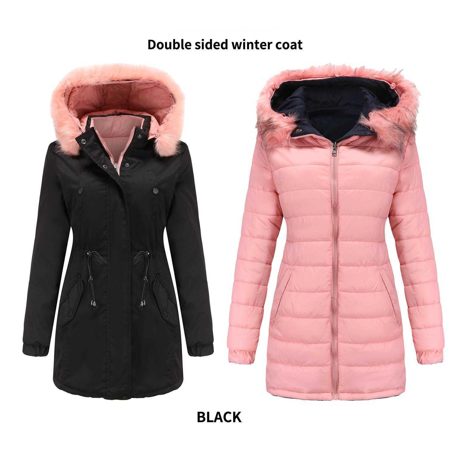 WoMens Cotton Jacket Double-sided Detachable Fur Collar Hat Clip Cotton Overcome Womens Long Trench Coat Womens Jacket 241209