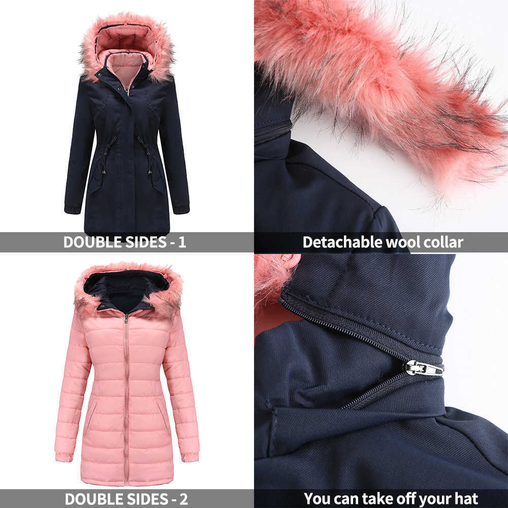 WoMens Cotton Jacket Double-sided Detachable Fur Collar Hat Clip Cotton Overcome Womens Long Trench Coat Womens Jacket 241209