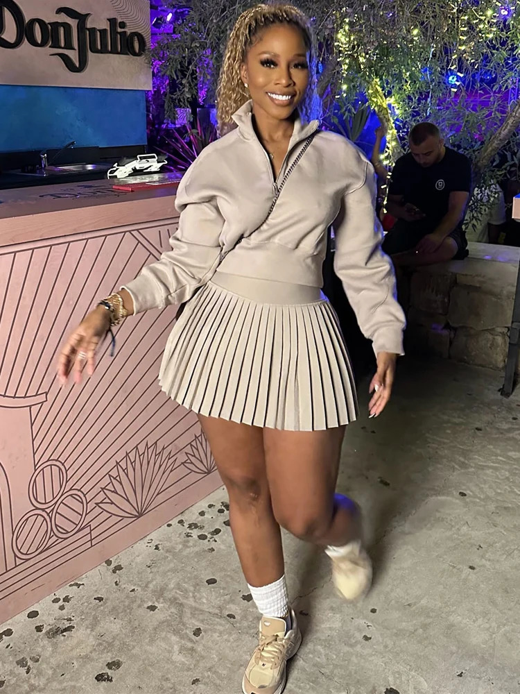 BKQU Elegant Solid 2 Piece Set Women Casual Long Sleeve Sweatshirt Pleated Mini Skirt Suit Autumn Winter Party Simple Clothing 250121