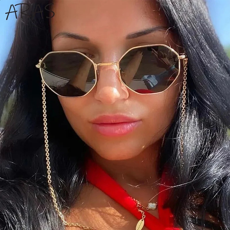 Polygon Sunglasses Women With Chain 2024 Fashion Unique Trends Octagon Sun Glasses For Ladies Square Eyewear Shades250120