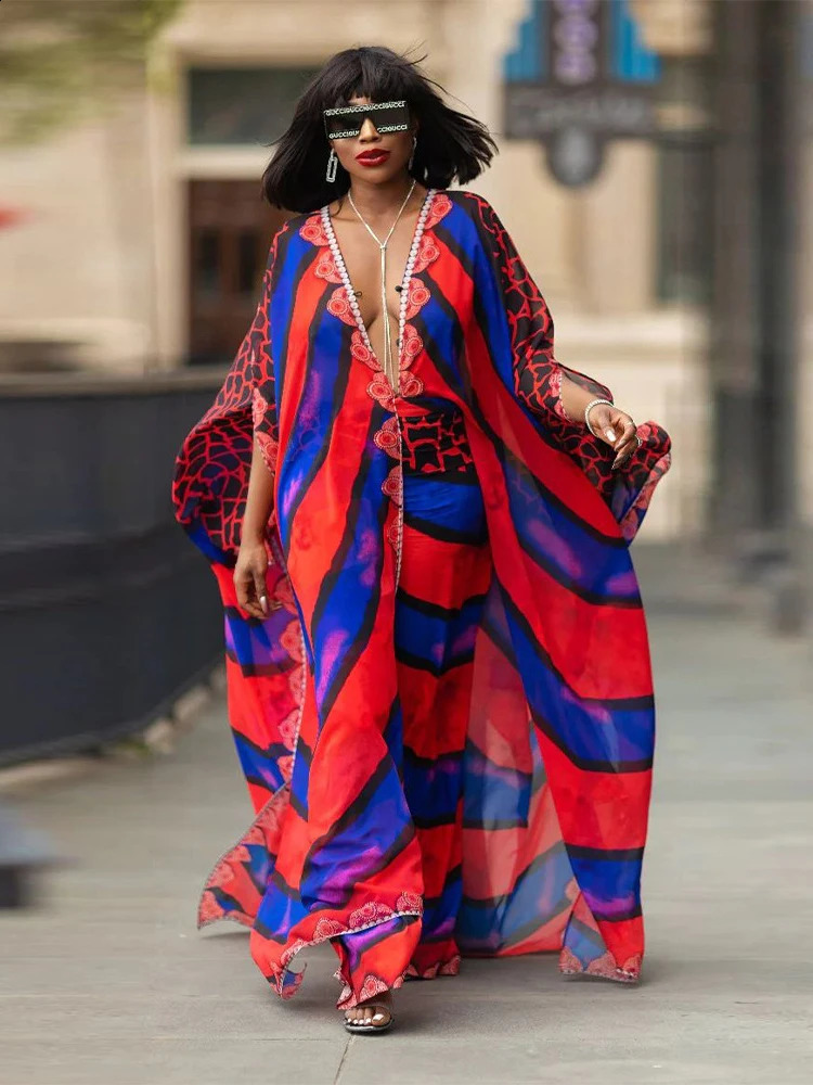 Elegant Kaftan Long Print Tunic Loose Maxi Dress Vintage Bikini Women Summer Clothing Beach Wear Swim Suit Cover Up A 250120