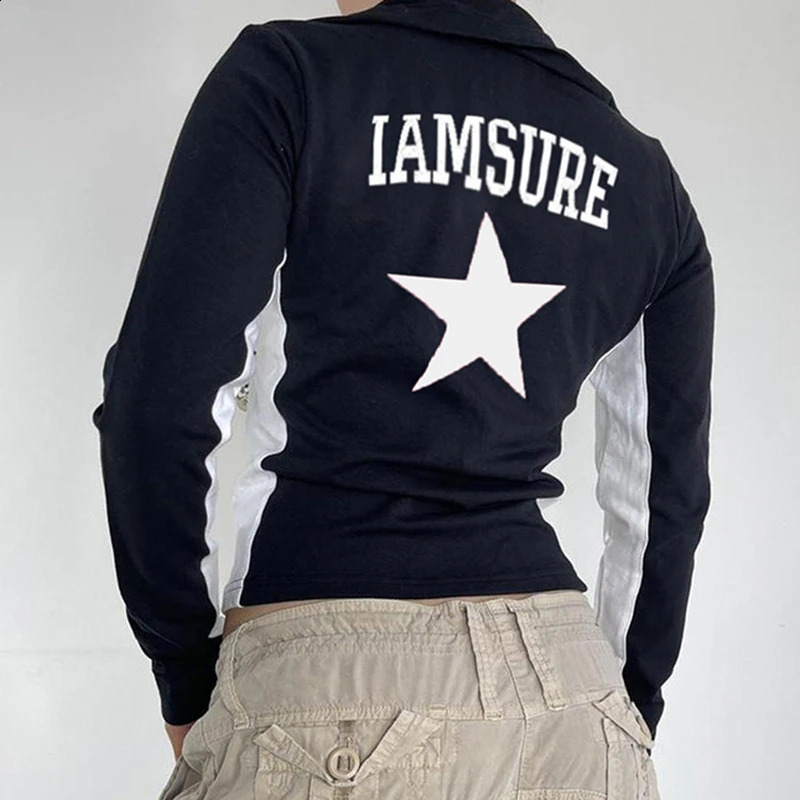 Y2K clothing womens jacket 2000s Aesthetic Zip Up long sleeved Crop Top Coats jacket Patchwork Grunge clothing 250118