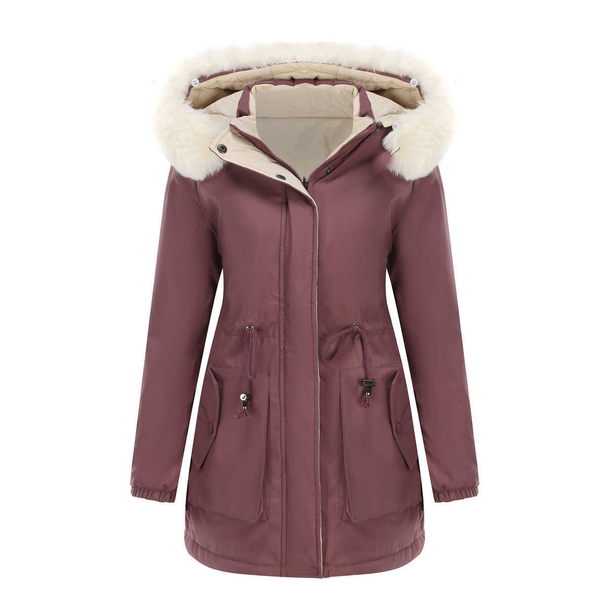 Autumn Winter Two Sided Warm Cotton Coat Detachable Hat Long Sleeve Zipper Thick Cotton Coat Hairy Collar Overcomes Womens Long Trench Coat Womens Jac