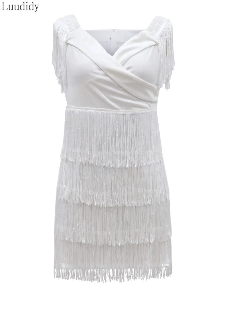 White Fringe Celebrity Evening Runway Party Dress Women Sexy Tassels Short Sleeve Club Vestidos 250120