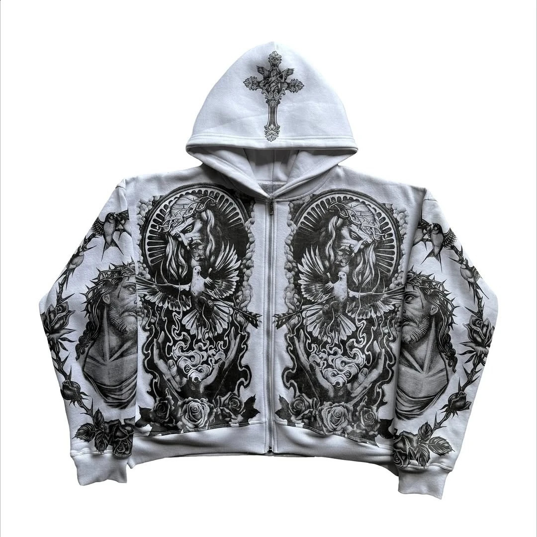 Y2k Vintage Casual God Printed Zip Up Hoodie Sweatshirt Aesthetic Gothic Fashion Couple Tops Hiphop High Street Clothes 250109