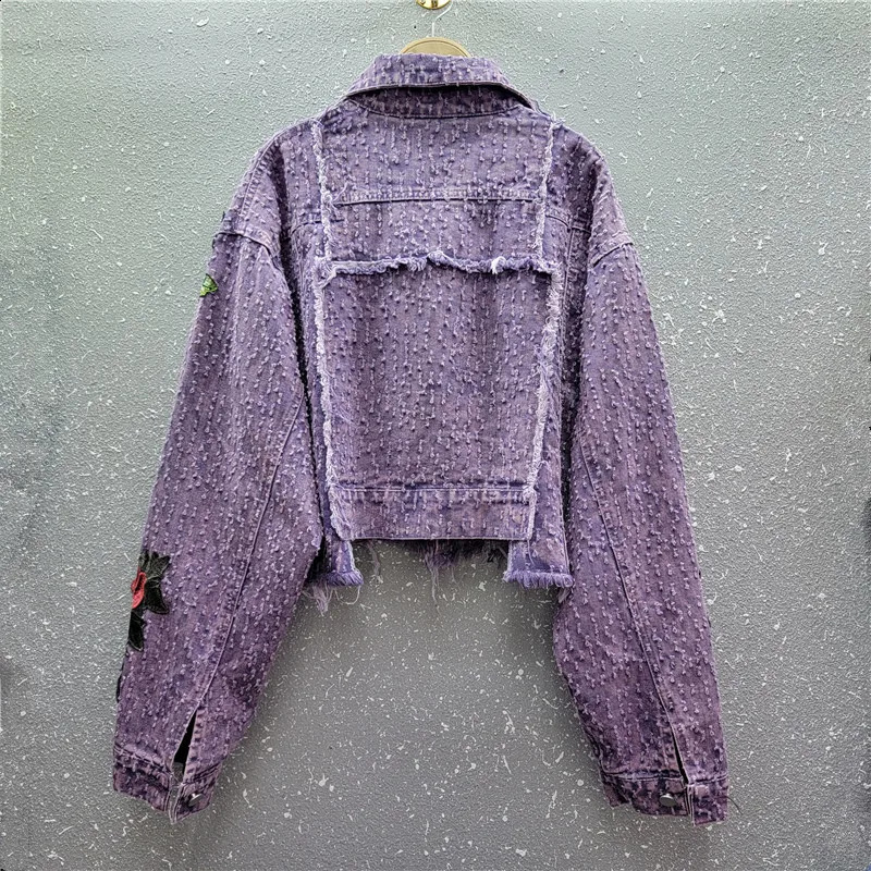 Embroidery Flower Purple Denim Jacket Women Casual Loose Short Cow Outwear Spring Autumn Hem Frayed Jeans Jacket Coat Female 250107