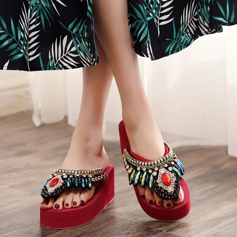 Ngouxm Platform Slippers Flip-Flops Women Wedge Rhinestone Beach Super High Heel 11CM Slippers For Women Bohemian ShoesPlus Size 250122 - view 7