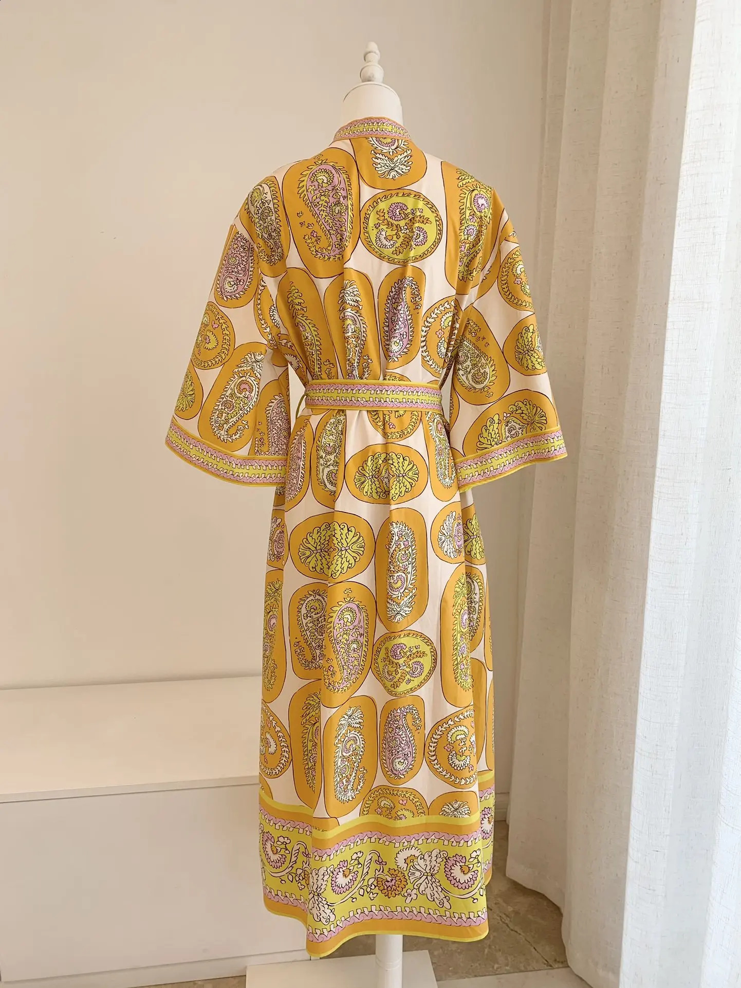 Women Organic Cotton Half High Collar Paisley Printed Midi Dress with Sashes 250121
