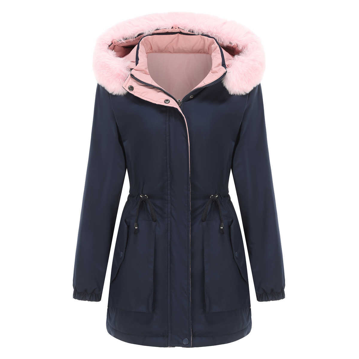 Autumn Winter Two Sided Warm Cotton Coat Detachable Hat Long Sleeve Zipper Thick Cotton Coat Hairy Collar Overcomes Womens Long Trench Coat Womens Jac