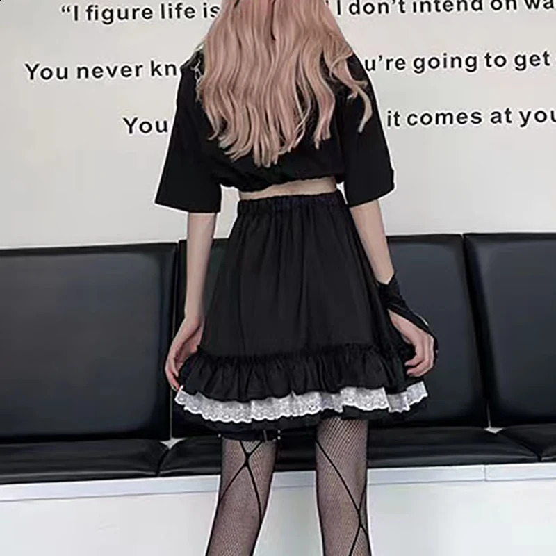 HOUZHOU Mall Goth Gothic Lace Ruffle Mini Skirts Harajuku Fairy Grunge Black Pleated Skirt Japanese Lolita Streetwear 250110Z
