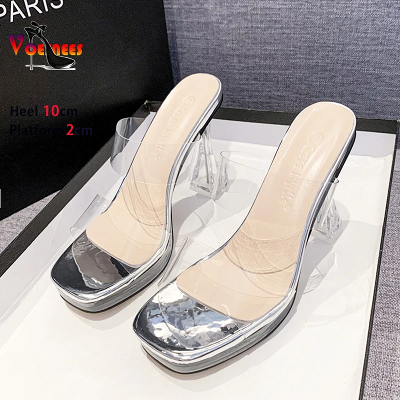 Transparent PVC Clear Heel Slippers Womens Square Toe 10CM 13CM High Heels Mules Summer Slip On Sandals Ladies Shoes 250118