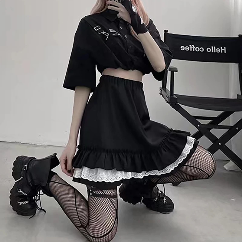 HOUZHOU Mall Goth Gothic Lace Ruffle Mini Skirts Harajuku Fairy Grunge Black Pleated Skirt Japanese Lolita Streetwear 250110Z