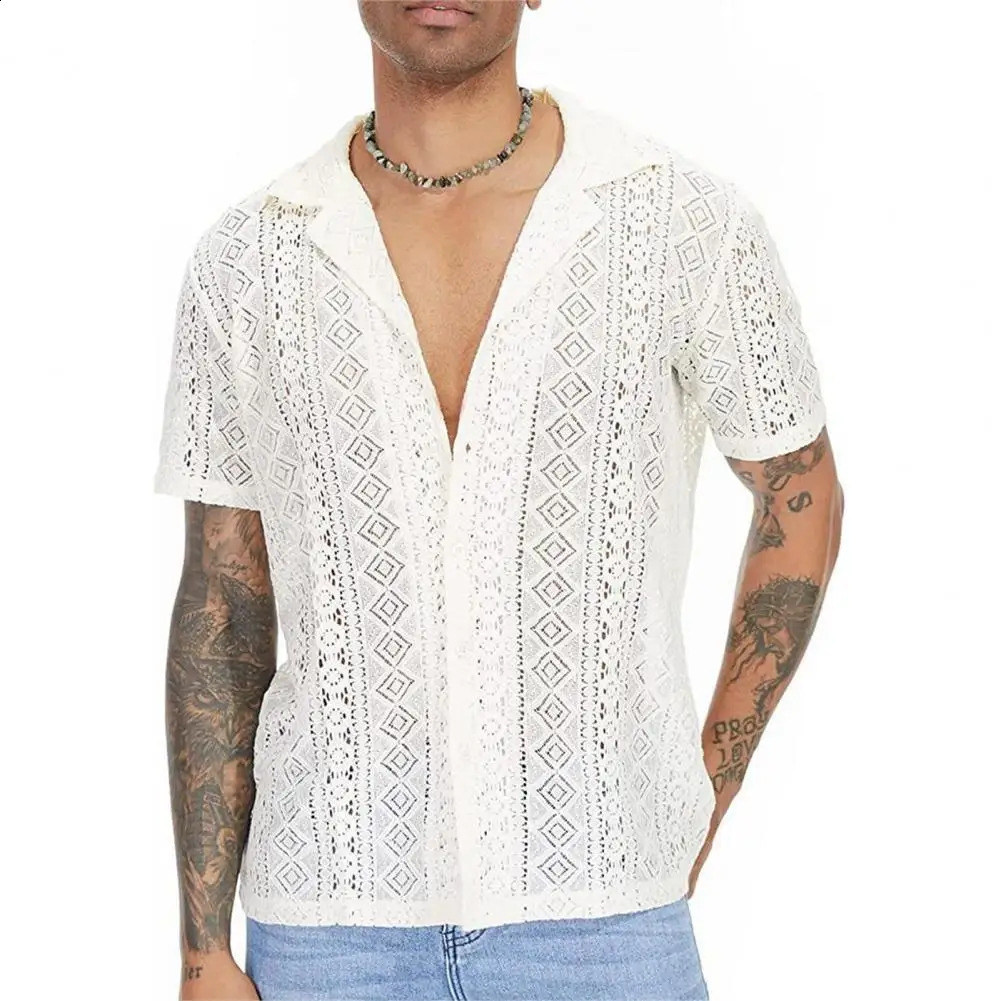 Hollow Out Men Shirt Lapel Short Sleeves See-through Cutout Men T-shirt Loose Mid-length Breathable Men T-shirt Man Clothes 250118