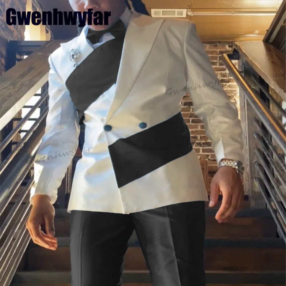 White High Qyality Special n Trend Stitching Lapels Mens Suit Groom Prom Tuxedo Wedding 2 Piece Blazer Sets 250122