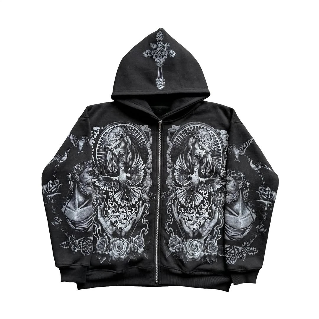 Y2k Vintage Casual God Printed Zip Up Hoodie Sweatshirt Aesthetic Gothic Fashion Couple Tops Hiphop High Street Clothes 250109