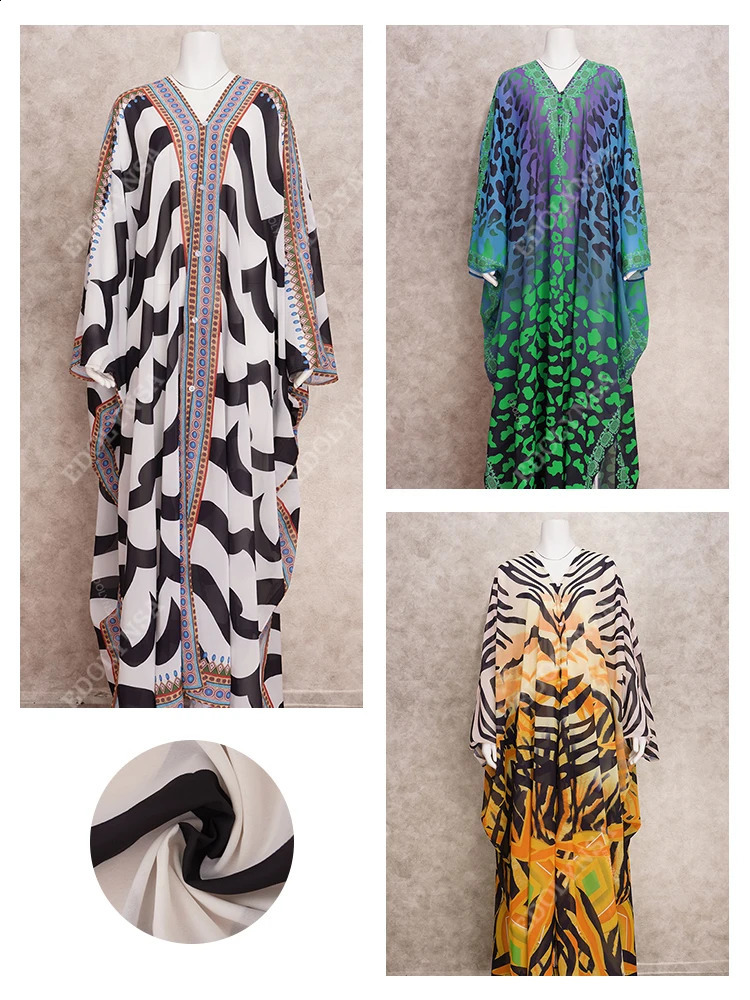 Elegant Kaftan Long Print Tunic Loose Maxi Dress Vintage Bikini Women Summer Clothing Beach Wear Swim Suit Cover Up A 250120