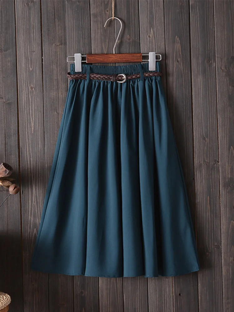 Midi Knee Length Summer Skirt Women With Belt Fashion Korean Ladies High Waist Pleated Aline School Female 250110Z