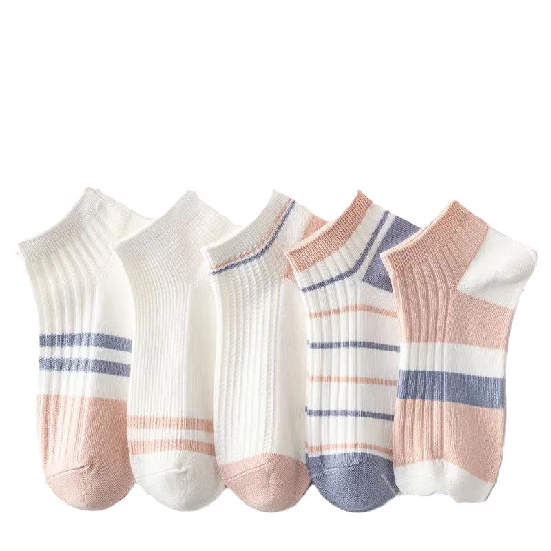 2025 Spring and Autumn Girls' Socks Shallow Mouth Stripe Cut Student Motion Invisible Boat Socks Love Polyester Wholesale 5 Colors