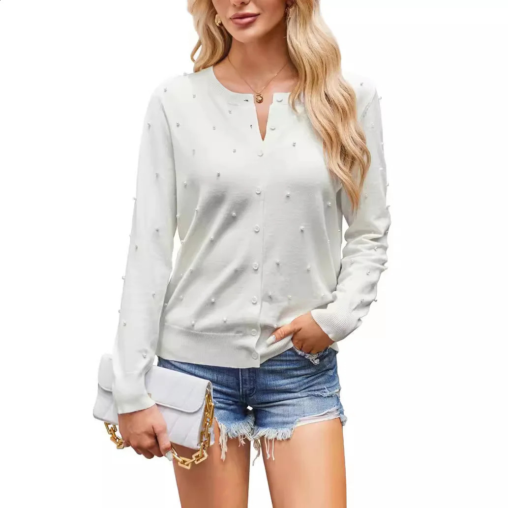 Fashion Solid Long Sleeve Threaded Cardigan Womens Elegant Beaded Round Neck Button Sweater Tops Autumn Winter Female Clothing 250109Z