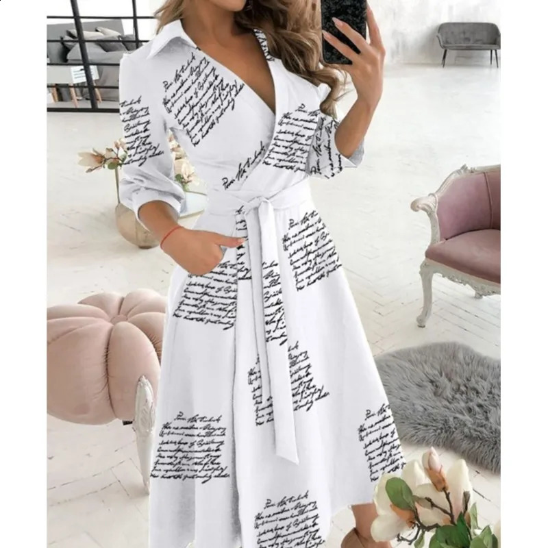 Office Women Casual Sashes A-Line Wrap Summer Dress Print Long Sleeve V-Neck Dress Pocket Elegant Midi Party Dress Vestidos 250122