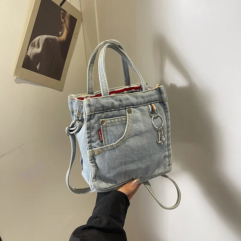 1 solid color washed old denim handbag for womens fashion single shoulder crossbody bag 250122