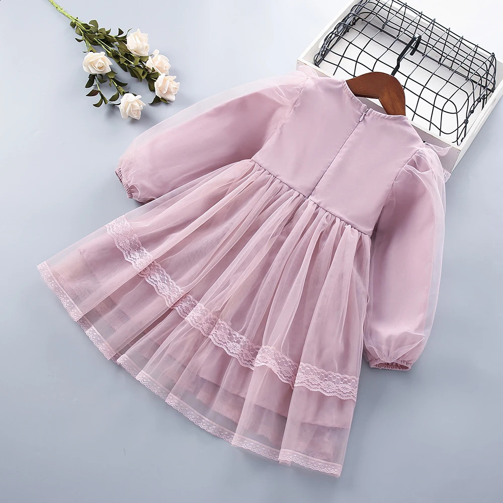3-7 Years High Quality Spring Autumn Cute Lace Floral Draped Ruched Kid Children Clothing Girl Party Birthday Princess Dress 250120