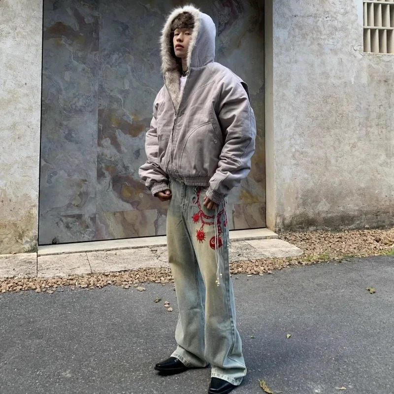 American Fashion Solid Color Fur Collar Cotton Hooded Jacket Men Autumn Winter Street Loose Velvet Thickened Casual 250109Z